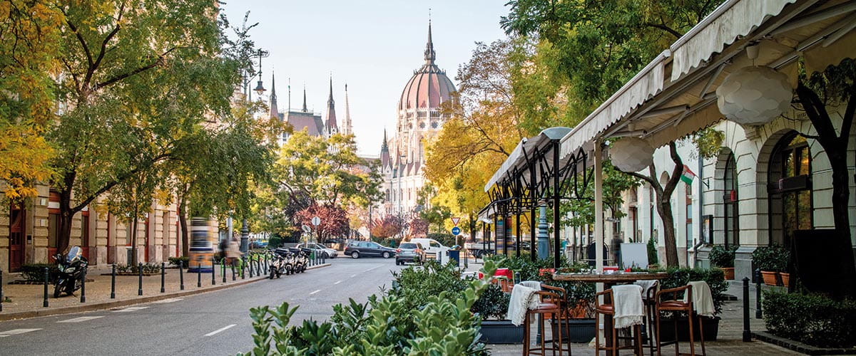 A view down a street in Budapest, towards the Parliament Building, Hungary